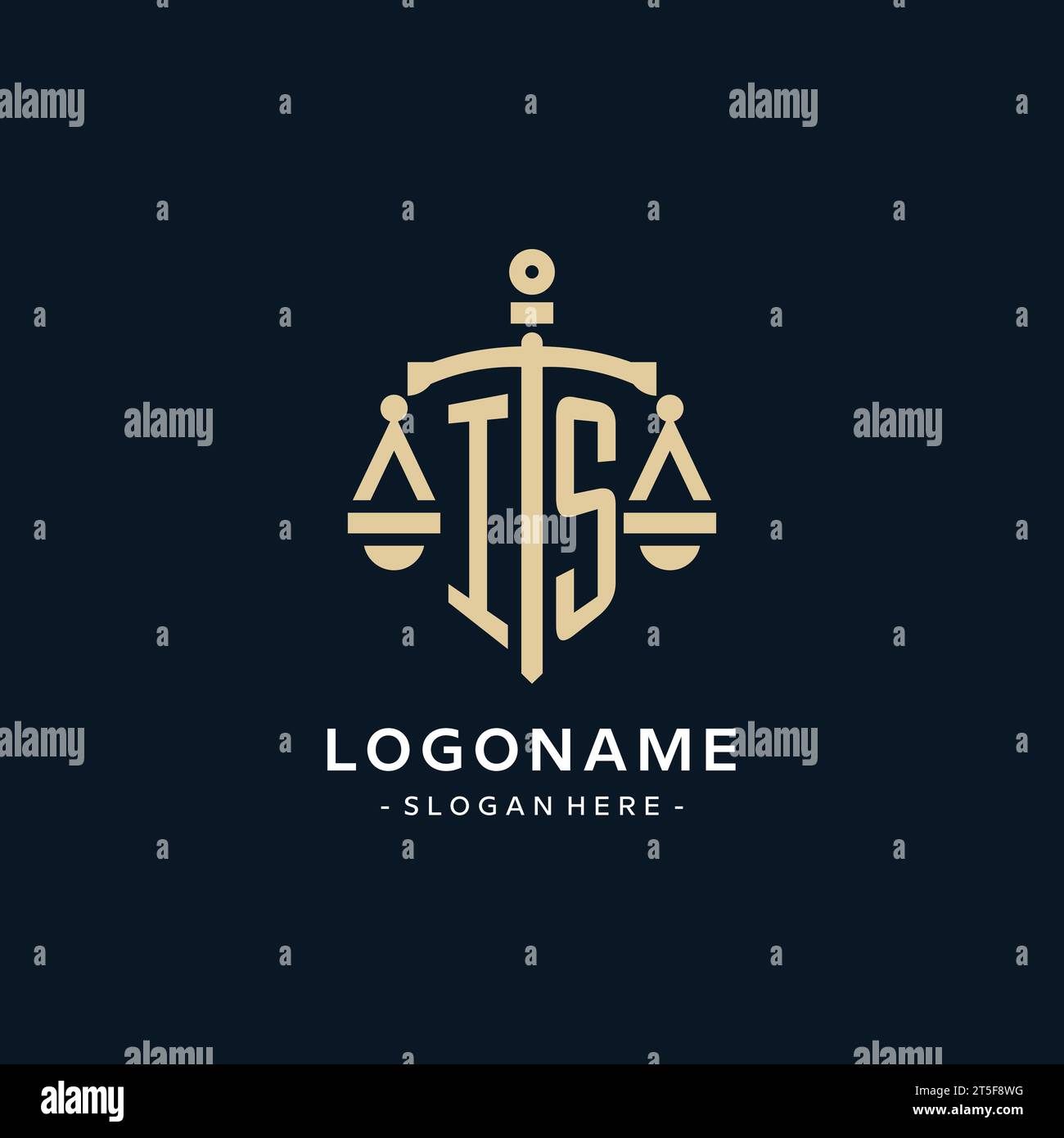 IS initial logo with scale of justice and shield icon, luxury and elegant law firm logo style Stock Vector