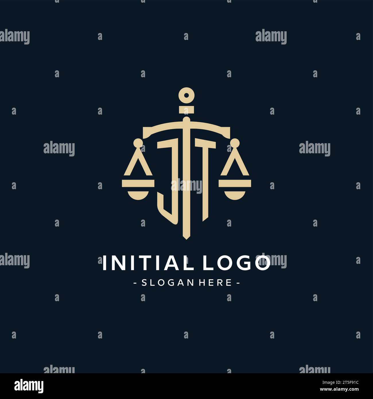 JT initial logo with scale of justice and shield icon, luxury and ...