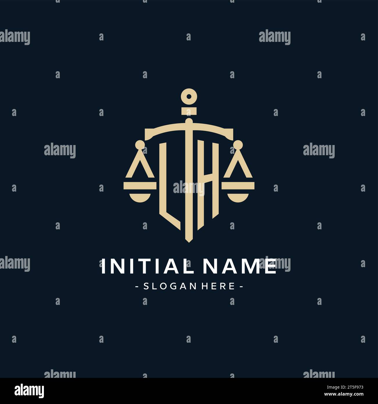 LH initial logo with scale of justice and shield icon, luxury and ...