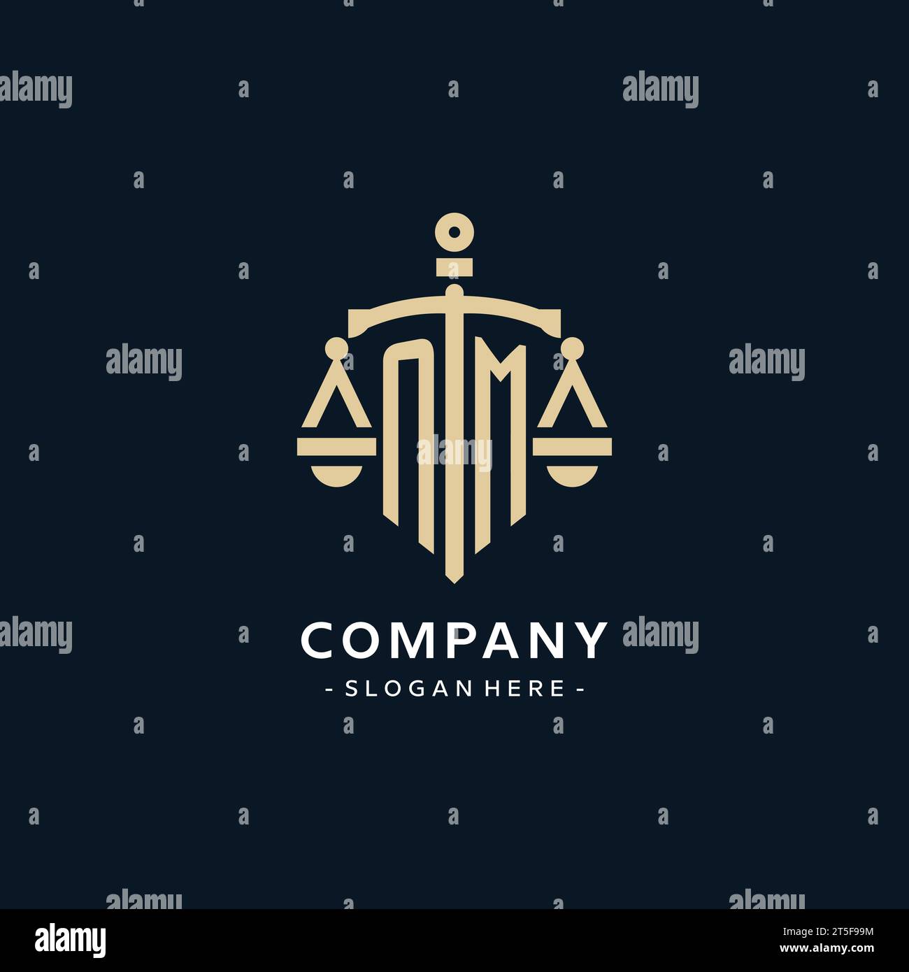 NM initial logo with scale of justice and shield icon, luxury and ...