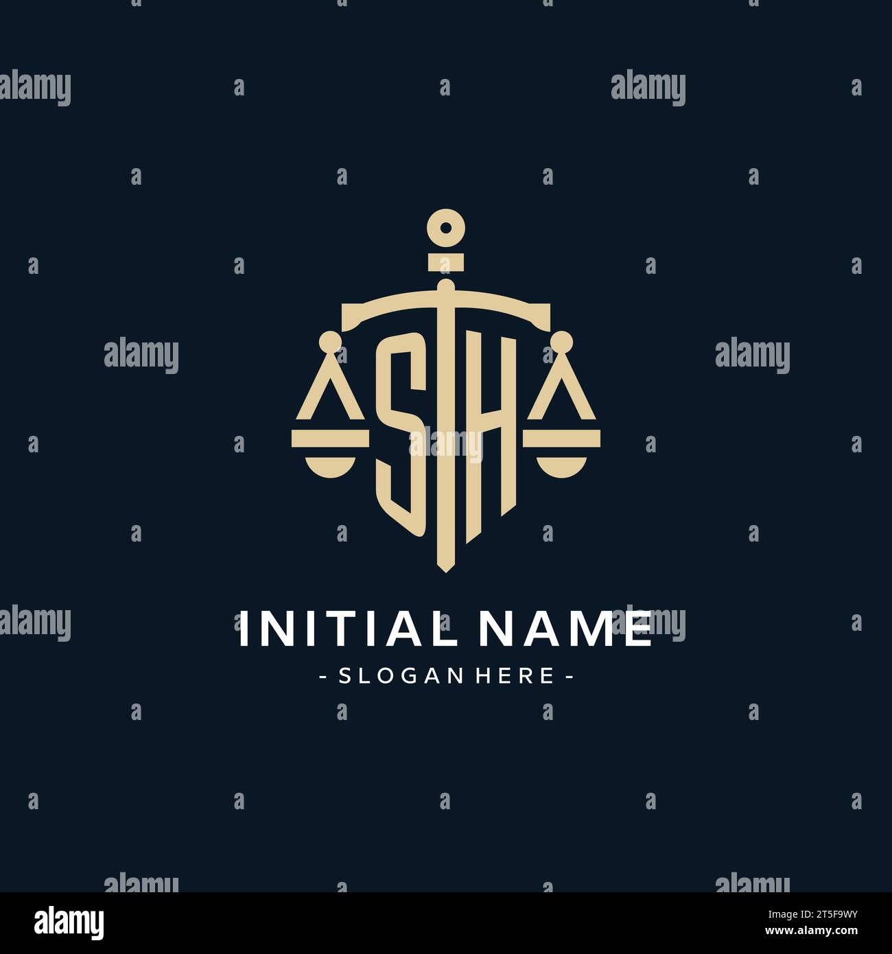 SH initial logo with scale of justice and shield icon, luxury and elegant law firm logo style Stock Vector
