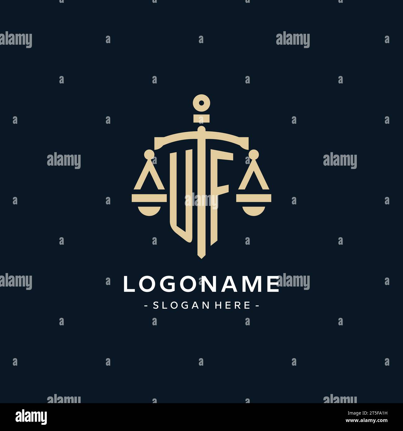 UF initial logo with scale of justice and shield icon, luxury and ...