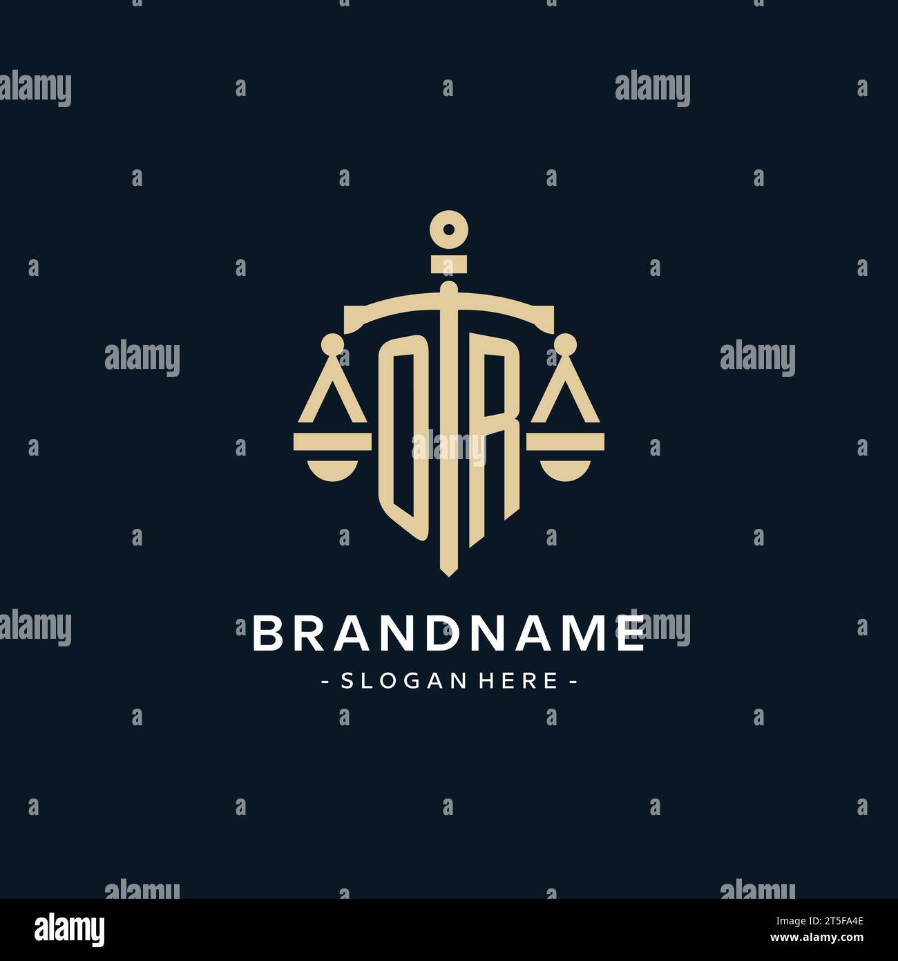 OR initial logo with scale of justice and shield icon, luxury and elegant law firm logo style Stock Vector