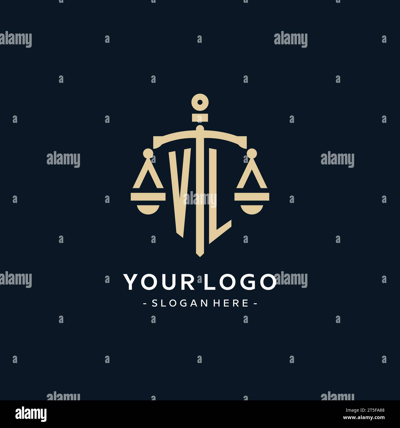 VL initial logo with scale of justice and shield icon, luxury and ...
