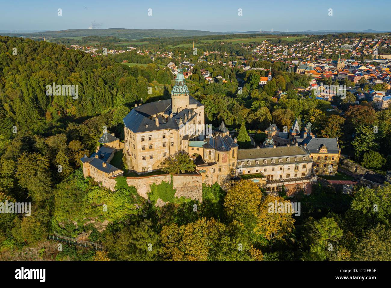 Aerial view of Medieval Gothic and Renaissance style castle on top of the hill in Frydlant, Czech Republic. Stock Photo