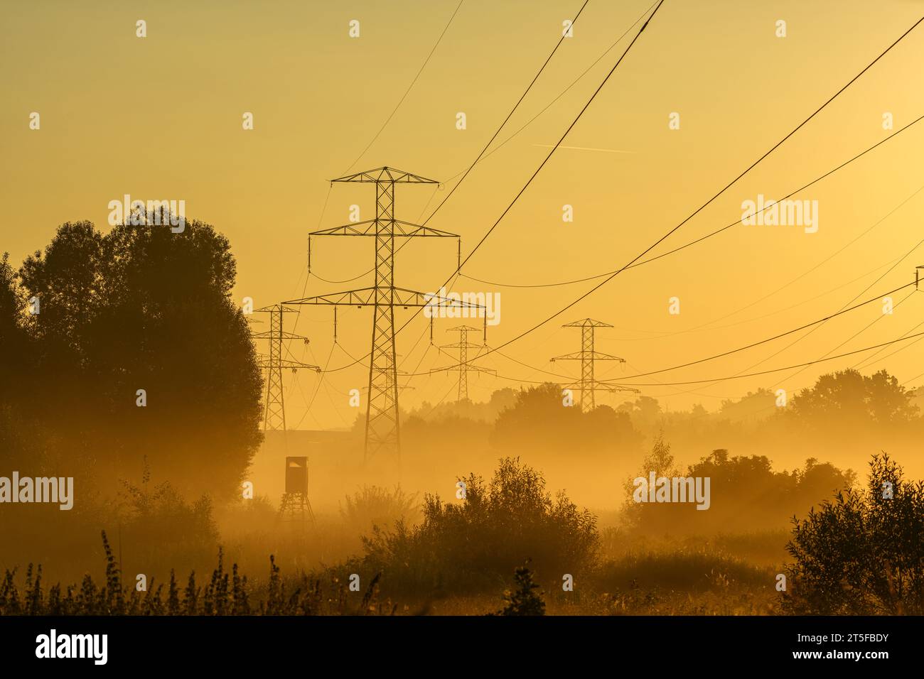 Power pylons and wires after sunrise. Poland, Turow. Stock Photo