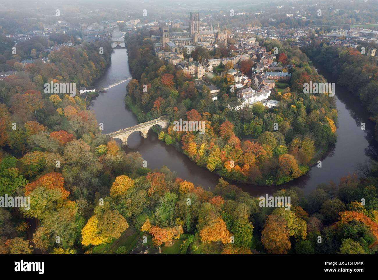 RETRANSMITTING CORRECTING DATE TO 4TH NOVEMBER Autumn colours on the trees surrounding Durham Cathedral in Durham. Dozens of flood warnings remain in place across England after days of heavy rain. Forty-three warnings that flooding is likely remained in place on Sunday morning along with 170 more warnings that flooding is possible, the Environment Agency said. Picture date: Saturday November 4, 2023. Stock Photo