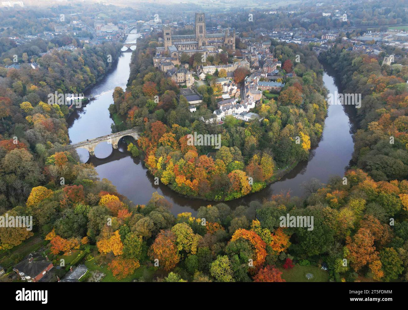 RETRANSMITTING CORRECTING DATE TO 4TH NOVEMBER Autumn colours on the trees surrounding Durham Cathedral in Durham. Dozens of flood warnings remain in place across England after days of heavy rain. Forty-three warnings that flooding is likely remained in place on Sunday morning along with 170 more warnings that flooding is possible, the Environment Agency said. Picture date: Saturday November 4, 2023. Stock Photo