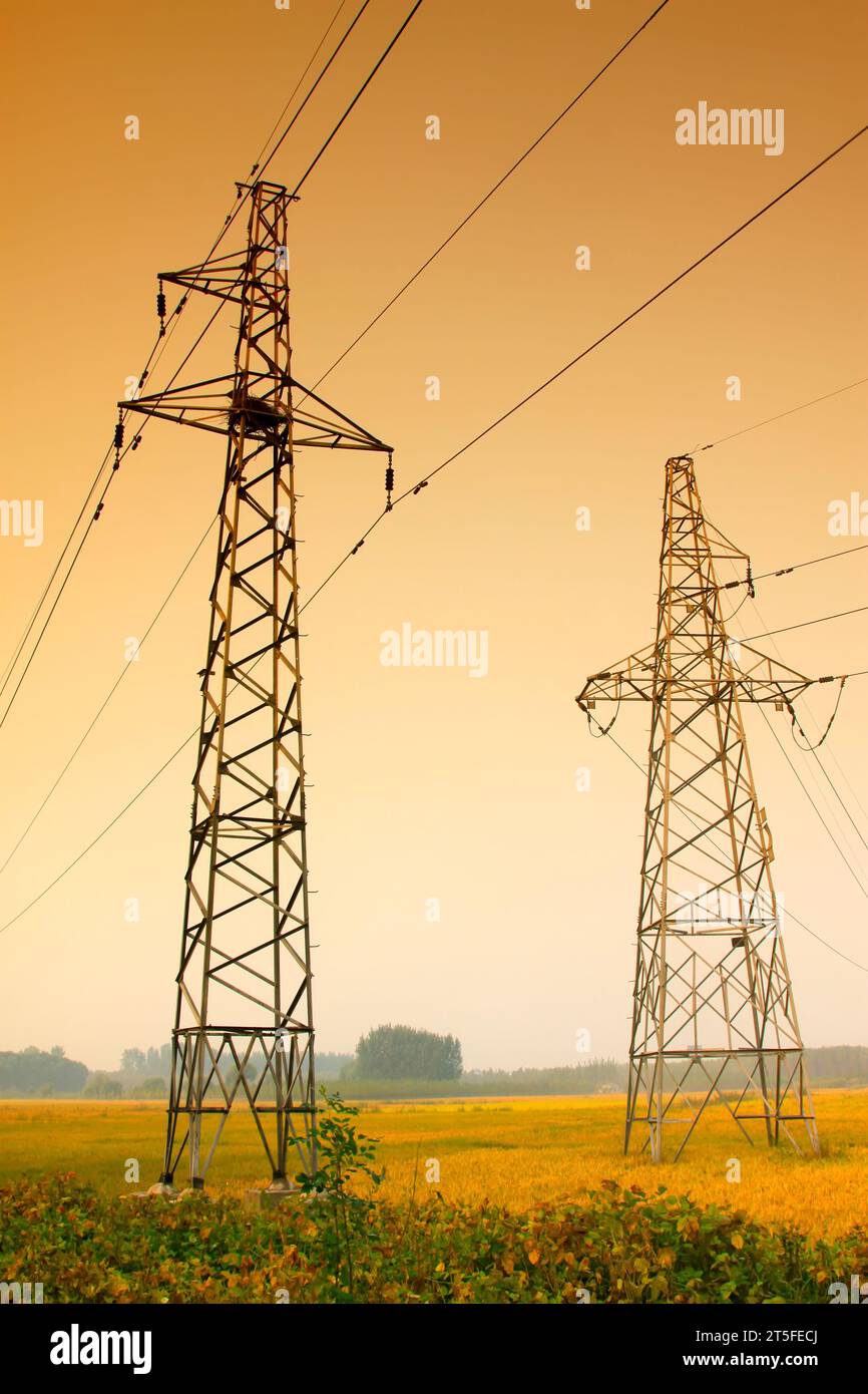 electric tower in the sky, steel power transmission facilities Stock Photo Alamy