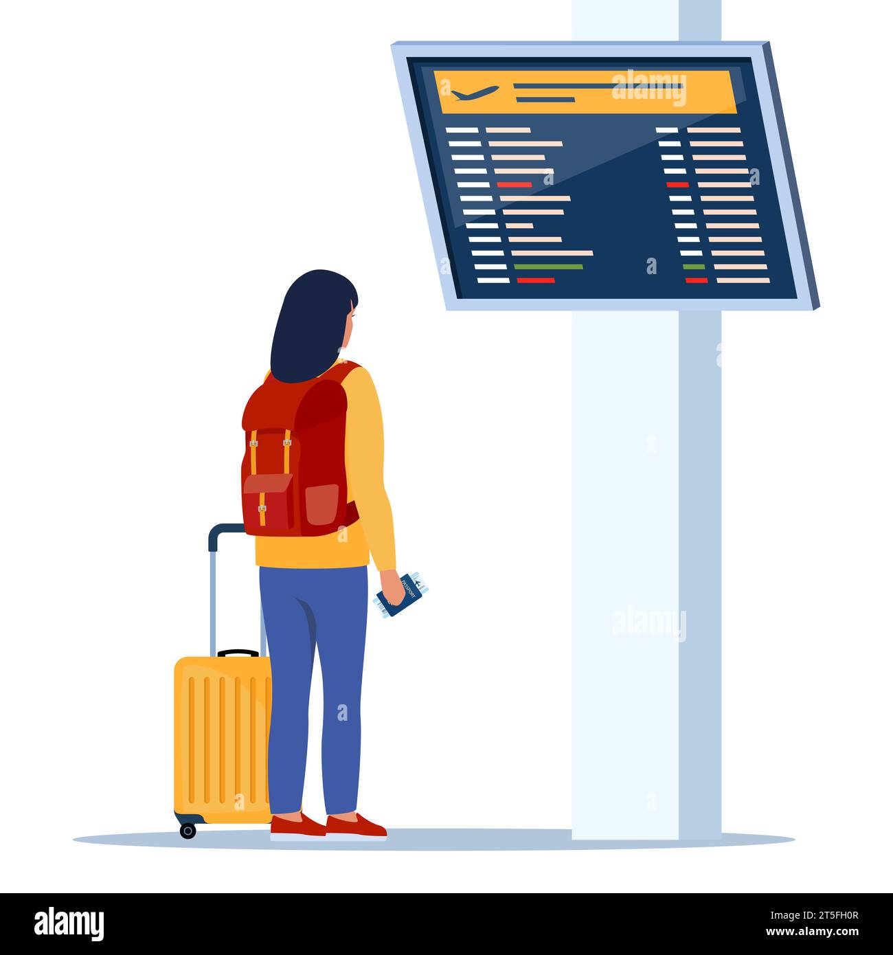 Woman with wheeled suitcase and backpack looks at the departures board ...