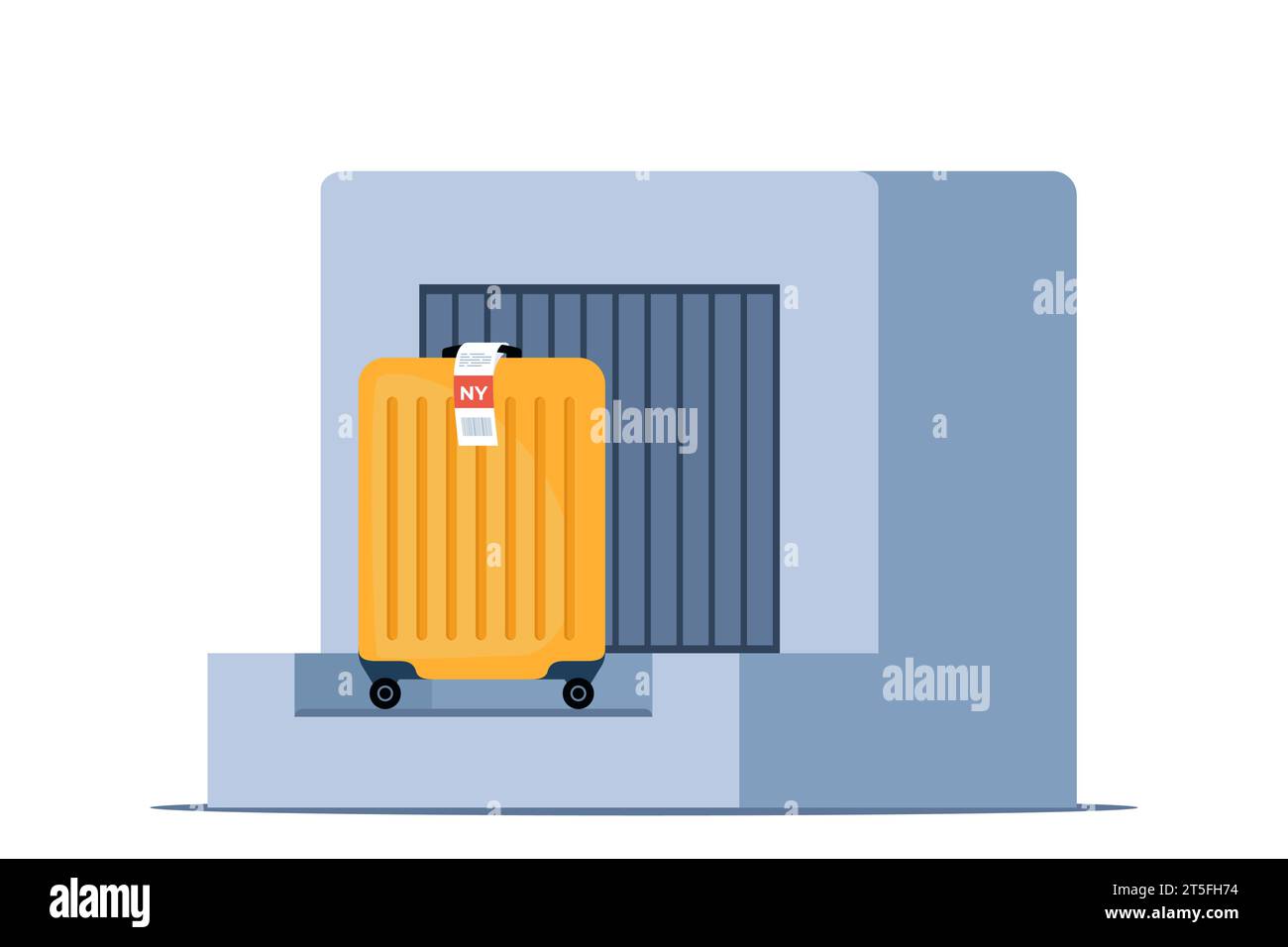 Baggage checkin. Suitcase with label on weighting luggage belt