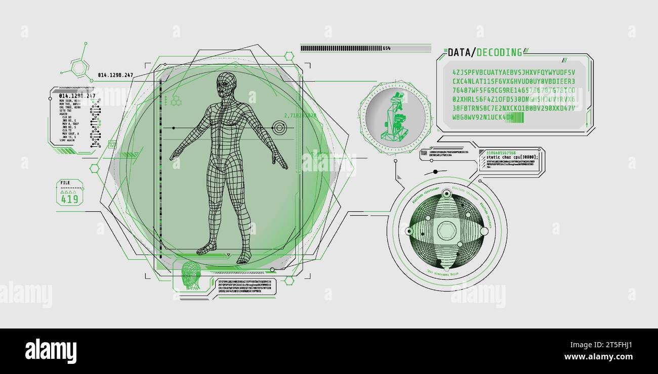 Medical research futuristic interface screen with data decoding. Stock Vector