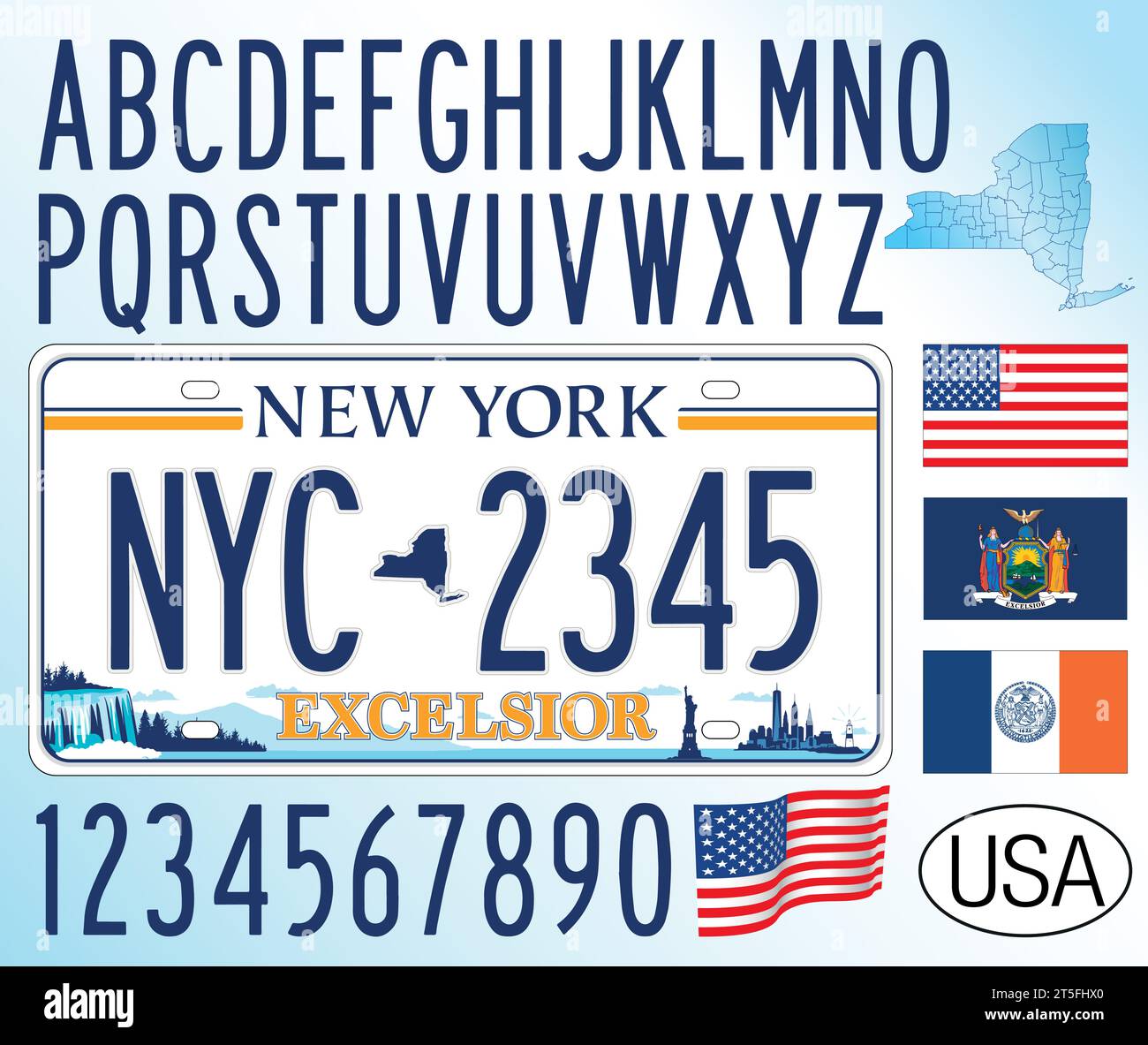 New York State car license plate, new pattern 2020, letters, numbers and symbols, USA, United States, vector illustration Stock Vector