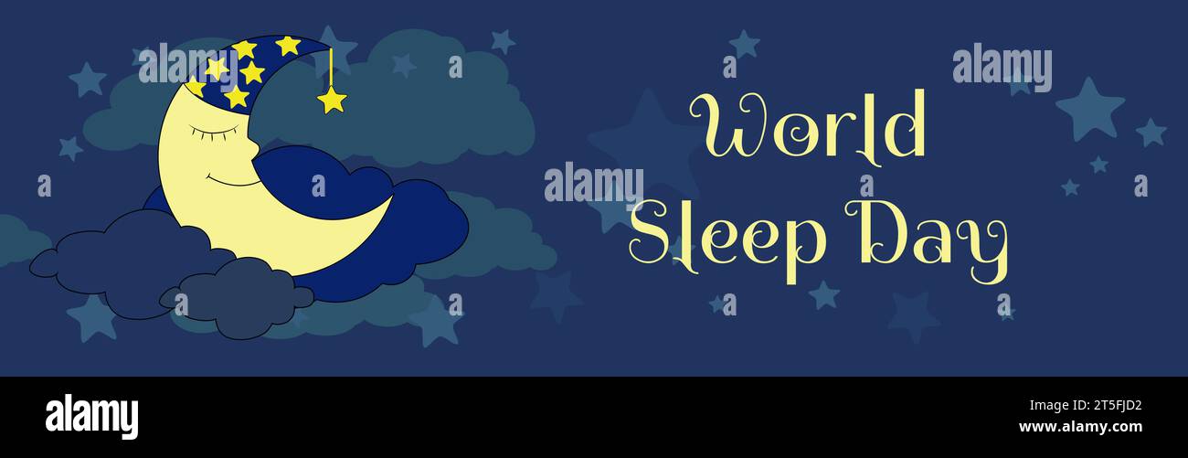 Horizontal banner A moon in a cap smiles and is at night in the clouds and among the stars. World sleep day and the concept of good sleep. Stock Vector