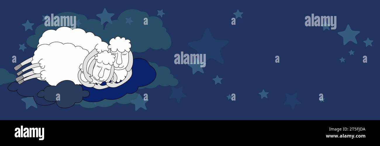 Horizontal banner sheep sleep embracing on the clouds in the clouds and among the stars. World sleep day and the concept of good sleep, fairy dreams. Stock Vector