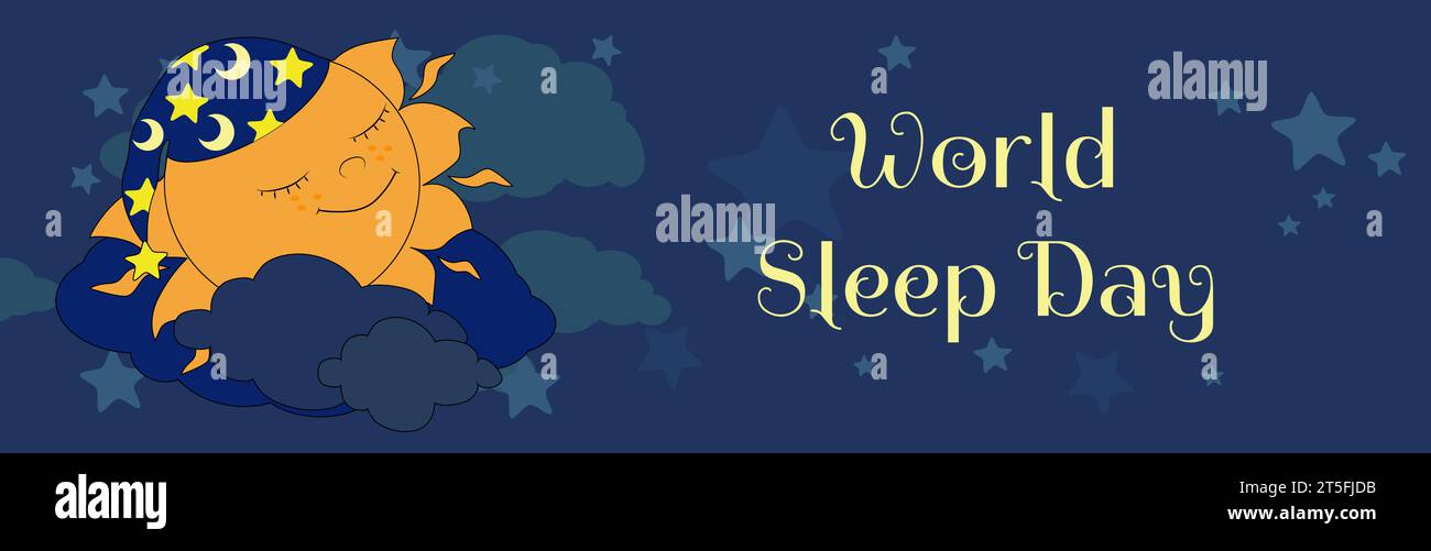 Horizontal banner The sun in a nightcap is dozing among the clouds and stars in the night sky. World sleep day and the concept of good sleep, fairy dr Stock Vector