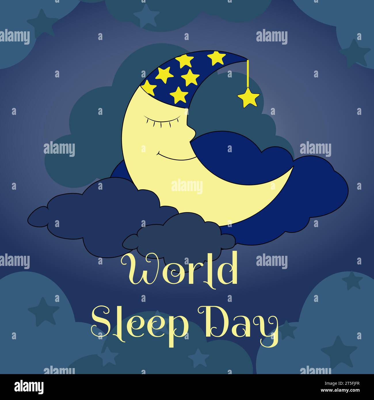 Vertical postcard World Sleep Day.The cartoon moon in a nightcap sleeps on the clouds in the night sky. Flat design vector illustration for web banner Stock Vector