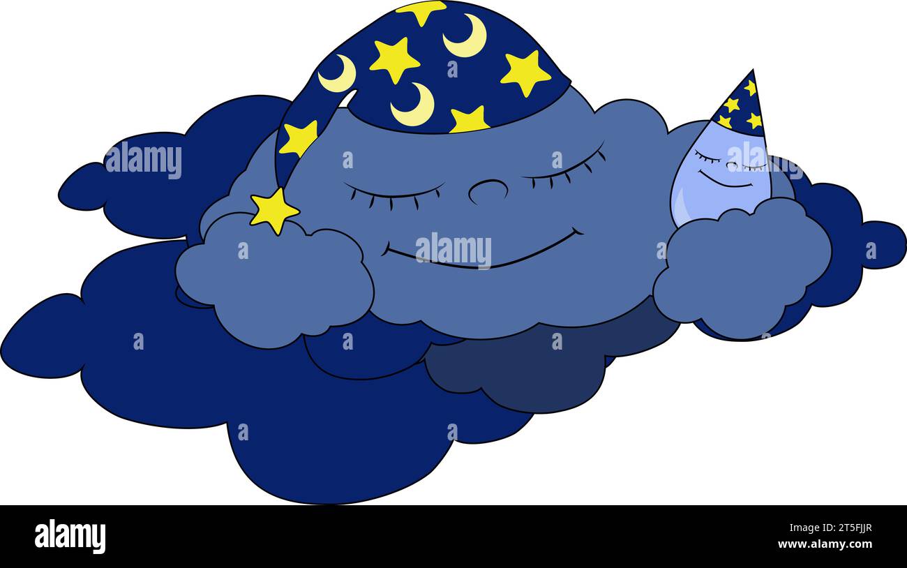 Cute cloud and droplet in caps is sleeping in the clouds and smiling happily. Illustration on white background. Image for children's design, prints an Stock Vector