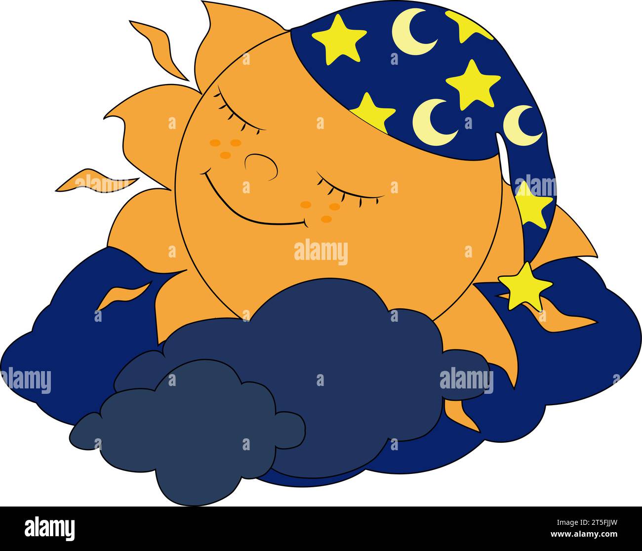 Cute  sun in caps is sleeping in the clouds and smiling happily.  Vector illustration on white background. Image for children's design, prints and boo Stock Vector