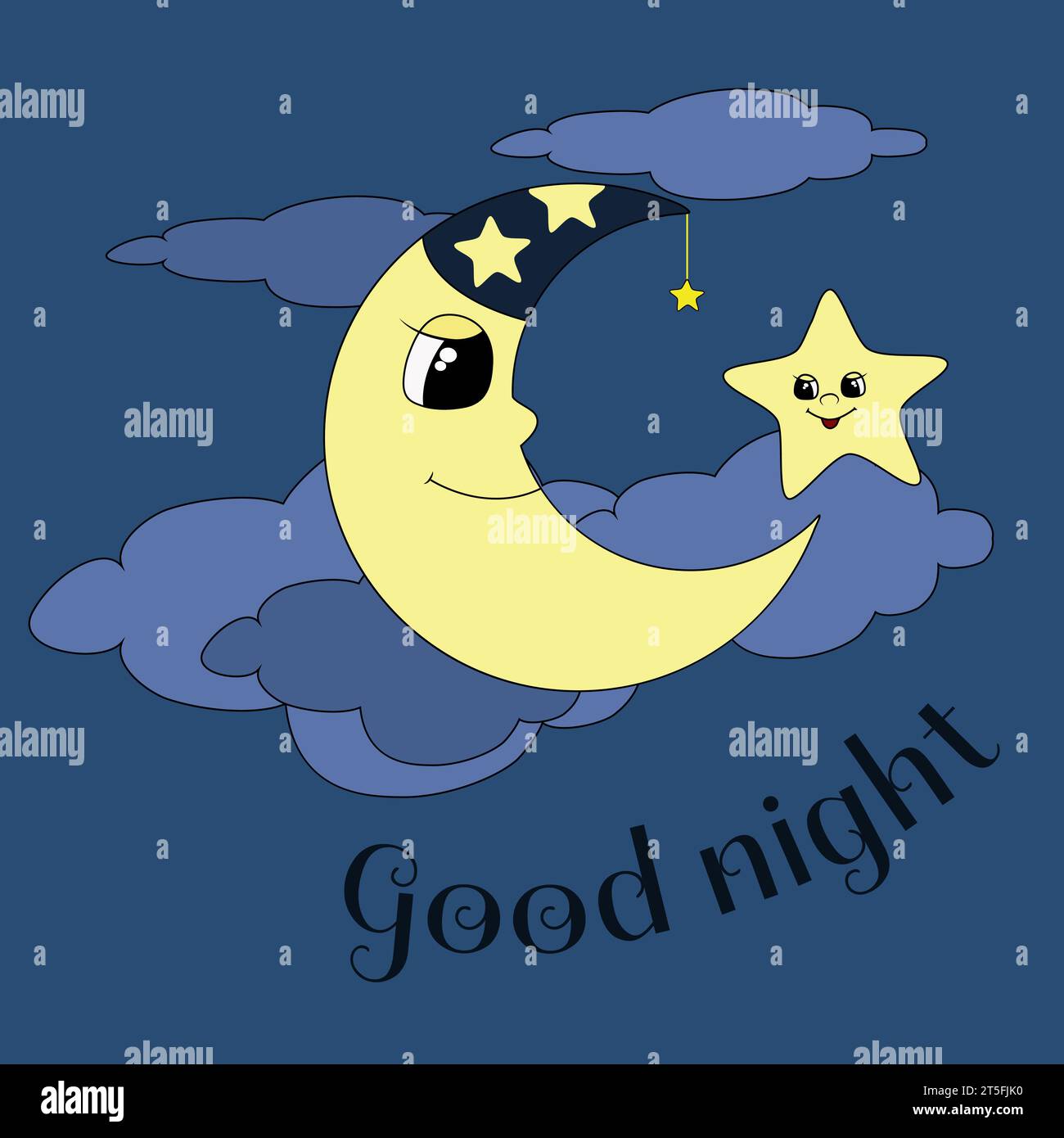 A cute moon in a nightcap and an asterisk are on the clouds and are smiling happily.  Cartoon joyful characters. Vector illustration. Stock Vector
