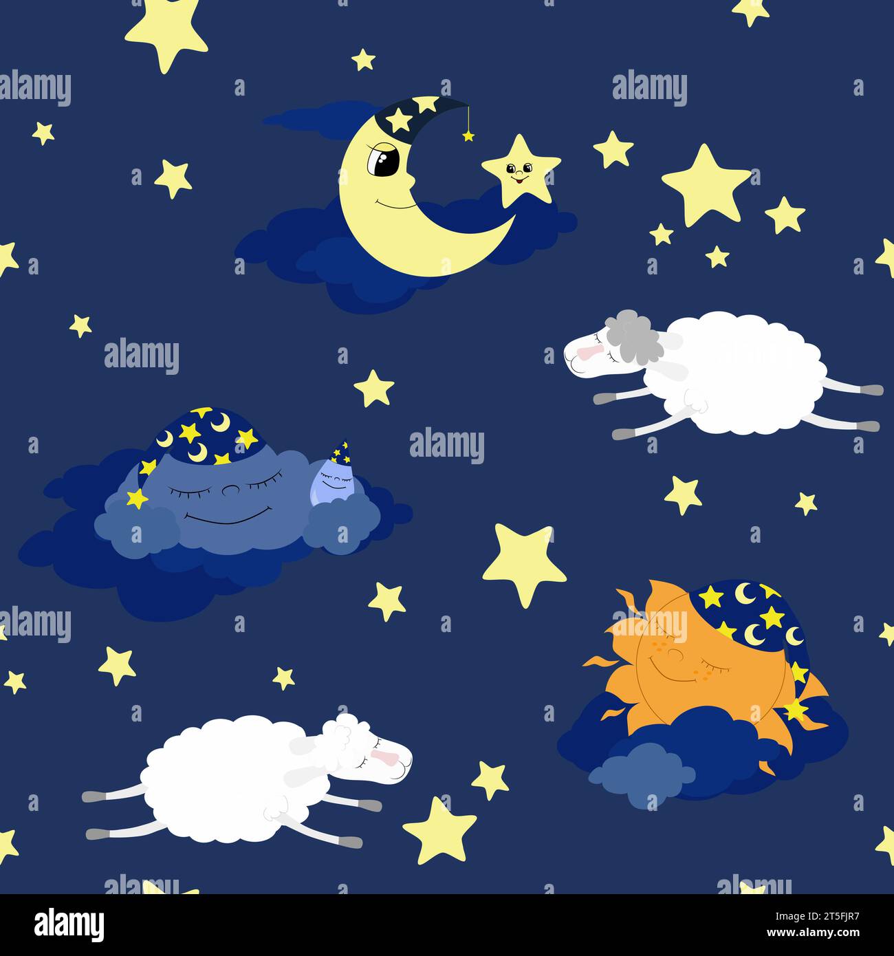 Seamless pattern white sheep jumping in the night sky and a cloud in a nightcap and the sun. Pattern for pajamas, bed for children. Stock Vector
