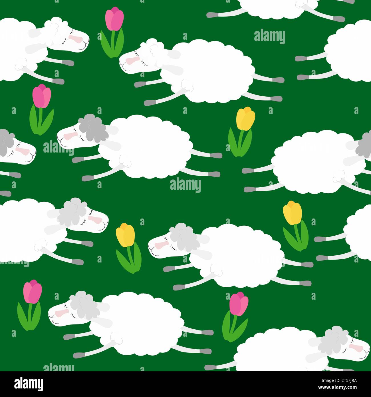 Sheep of white color on a green background between flowers of tulips. Seamless pattern in flat cartoon childish style. Stock Vector