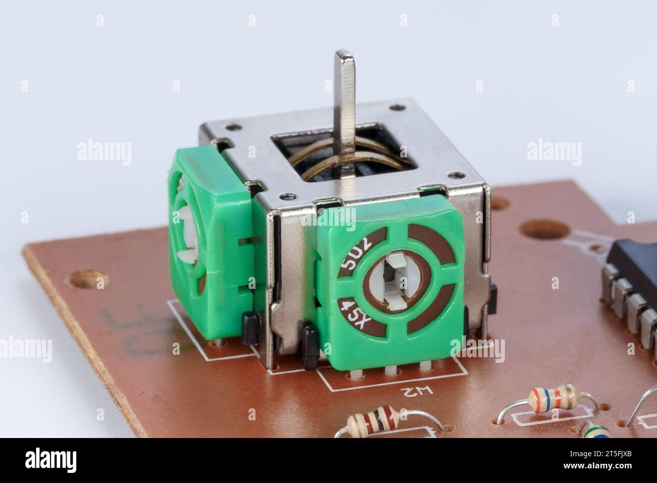 Two-axis joystick device based on potentiometers. Side view, close-up Stock Photo