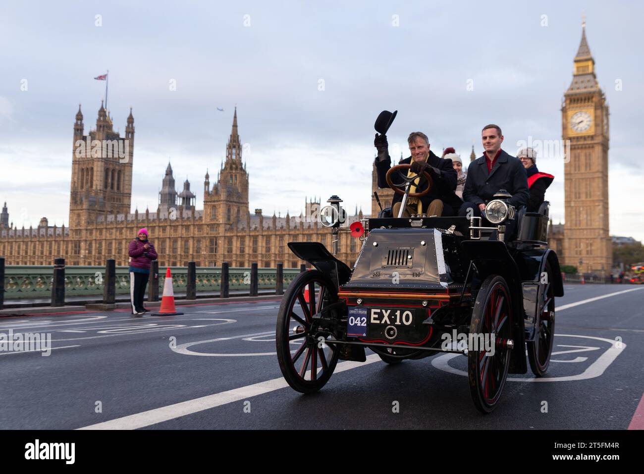 Westminster, London, UK. 5th Nov, 2023. The London to Brighton veteran car run is the longest-running motoring event in the world with the first taking place in 1896 organised to celebrate the passing of the law that enabled 'light locomotives' to travel at speeds greater than 4mph. Cars entering the event must have been built before 1905. Setting off at dawn from Hyde Park the vehicles travelled through London before heading south. 1900 Daimler Stock Photo