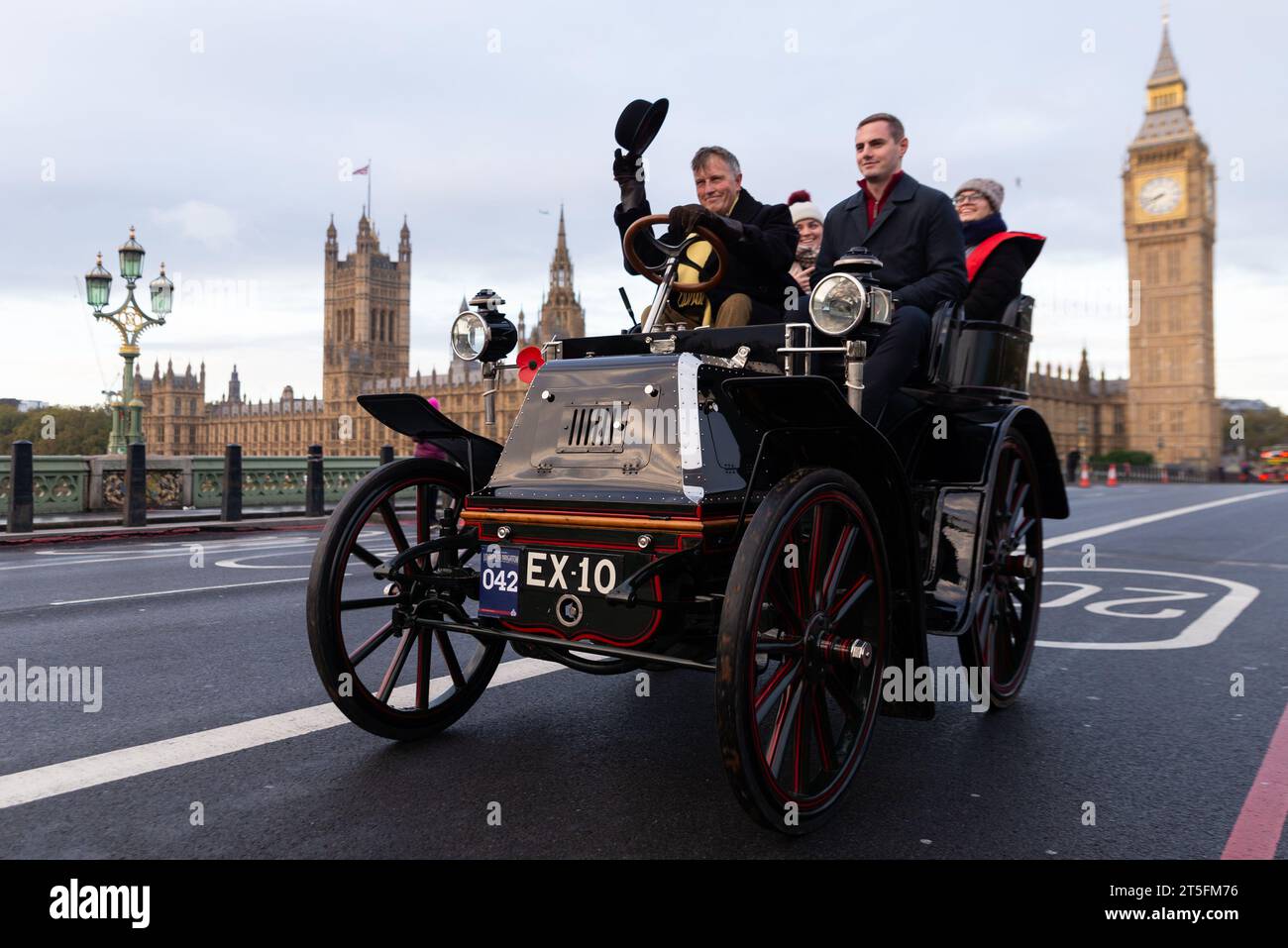 Westminster, London, UK. 5th Nov, 2023. The London to Brighton veteran car run is the longest-running motoring event in the world with the first taking place in 1896 organised to celebrate the passing of the law that enabled 'light locomotives' to travel at speeds greater than 4mph. Cars entering the event must have been built before 1905. Setting off at dawn from Hyde Park the vehicles travelled through London before heading south. 1900 Daimler Stock Photo