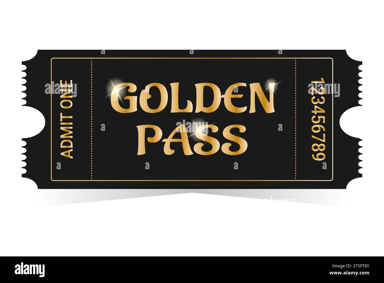 Realistic golden pass. Cinema, theater, party, museum, event, concert gold and black vector tickets template. Film cinema coupon paper, admit entrance Stock Vector