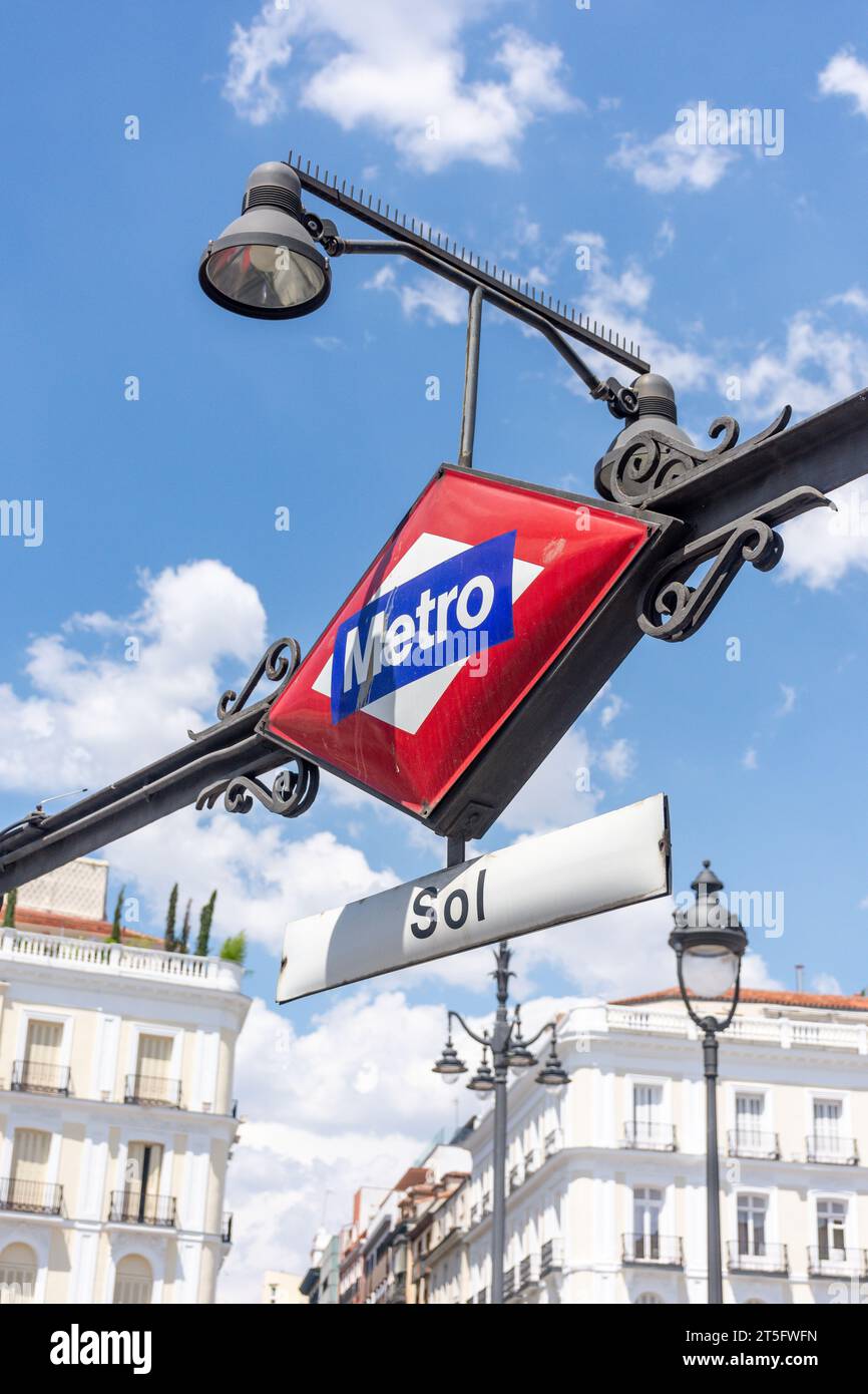 Vintage Sol Metro entrance sign, Puerta del Sol, Centro, Madrid, Kingdom of Spain Stock Photo