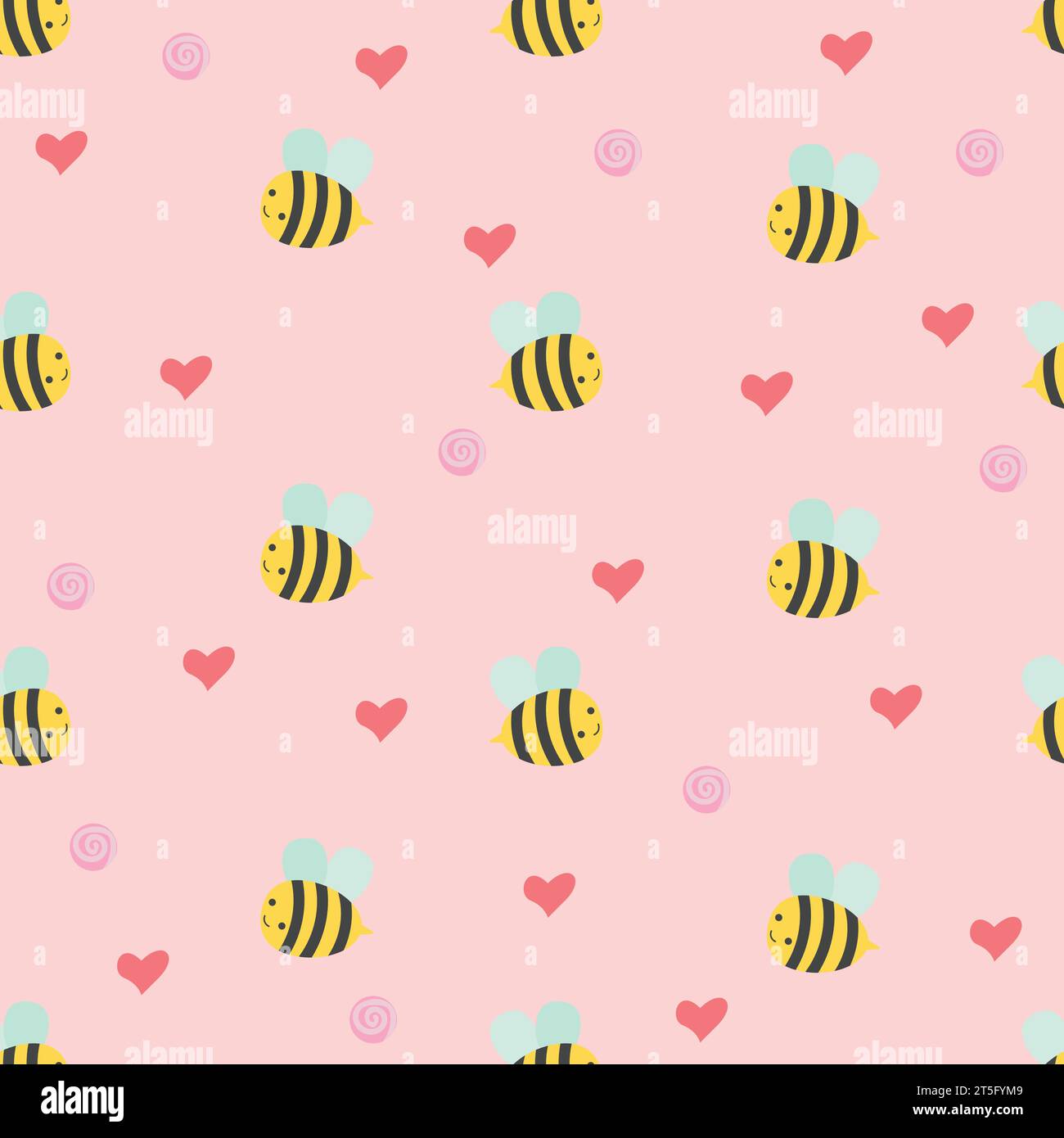 Cute seamless pattern with bee, flowers and hearts. Vector illustration ...