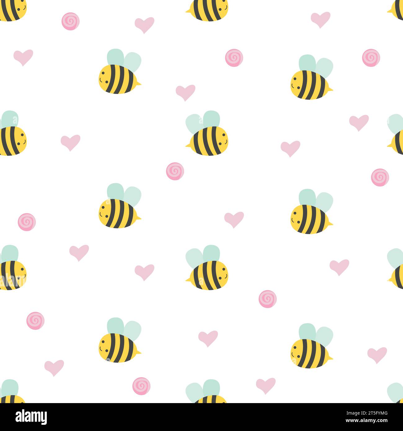 Cute seamless pattern with bee, flowers and hearts. Vector illustration ...