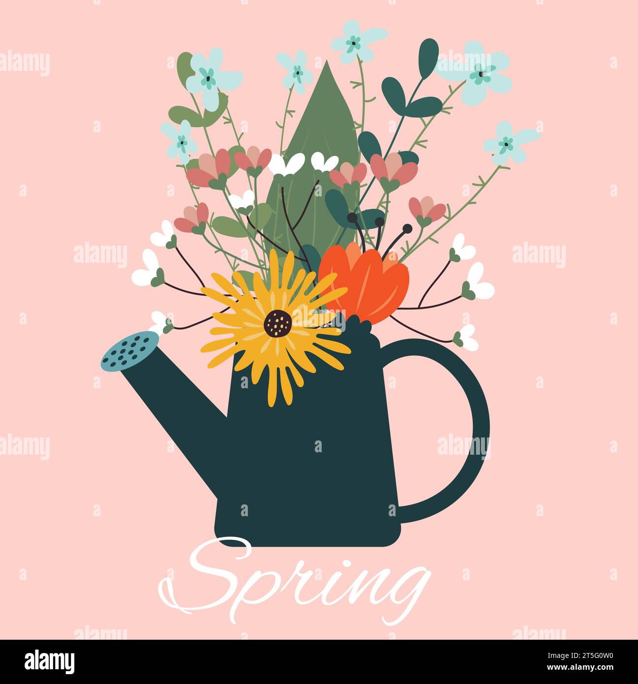 Watering can for flowers with a bouquet. Spring time. Flat style ...