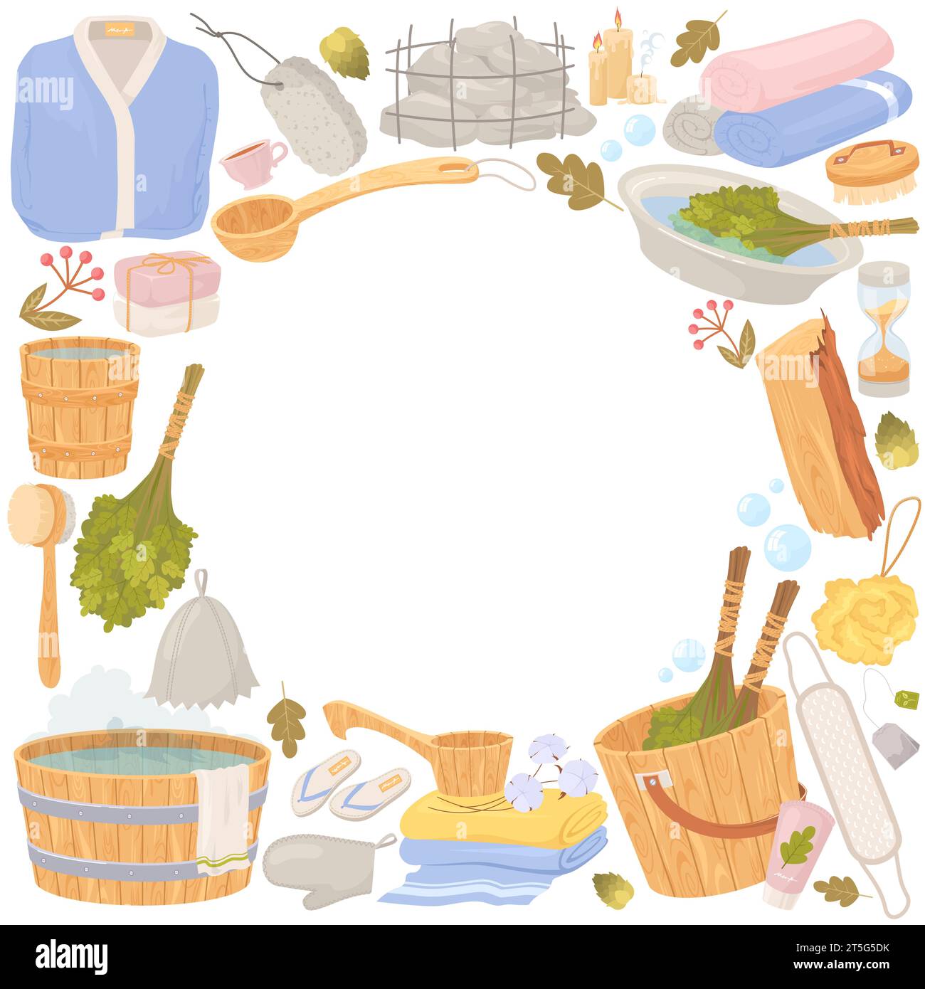 Round frame banner with sauna bath tools and equipment Stock Vector