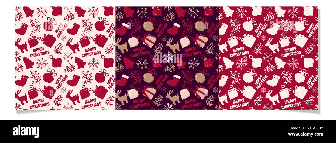 Pixel art Christmas and Happy New Year pattern set Stock Vector Image ...
