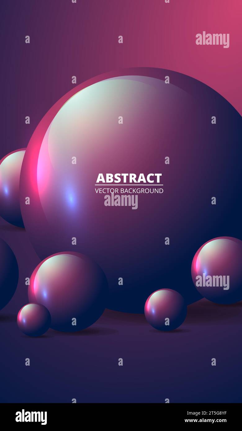 Realistic vertical vector background with purple and red 3d spheres and balls. Abstract geometric modern banner three-dimensional vector illustration. Stock Vector