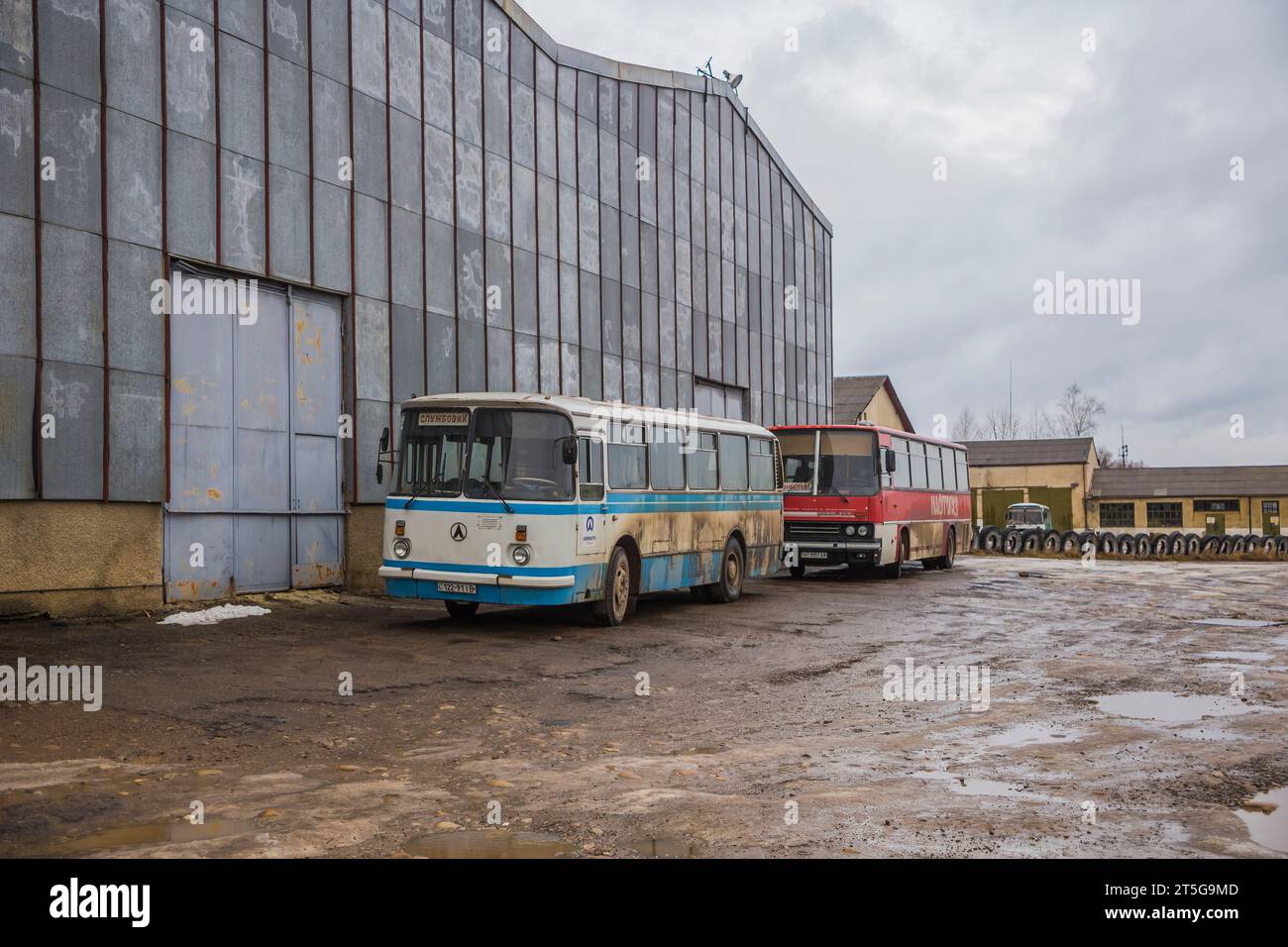 11.02.2020. Ukraine, Dolynska. Bus depot containing service buses. Stock Photo
