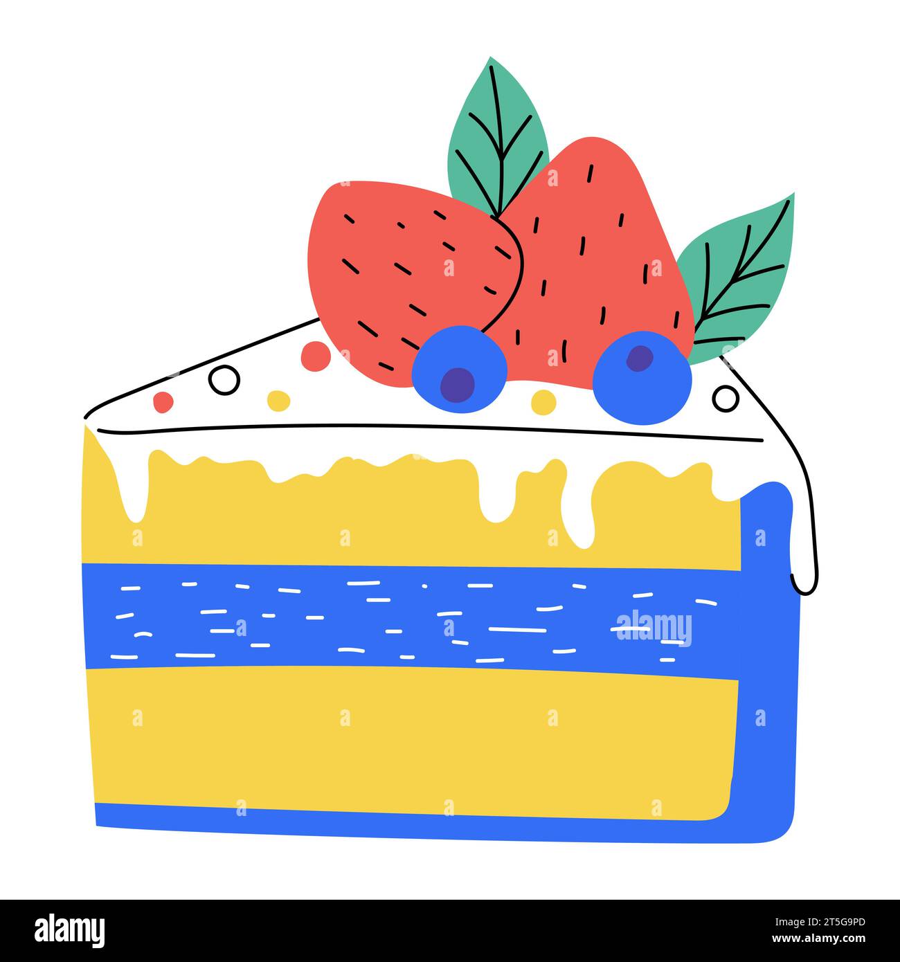 Hand drawn piece of cake with strawberry and blueberry. Sweet food, dessert. Bright decorative element. Color flat vector illustration isolated on a w Stock Vector