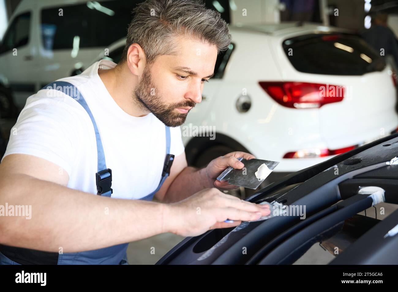 Experienced car detailer removing scratches from automotive body part Stock Photo