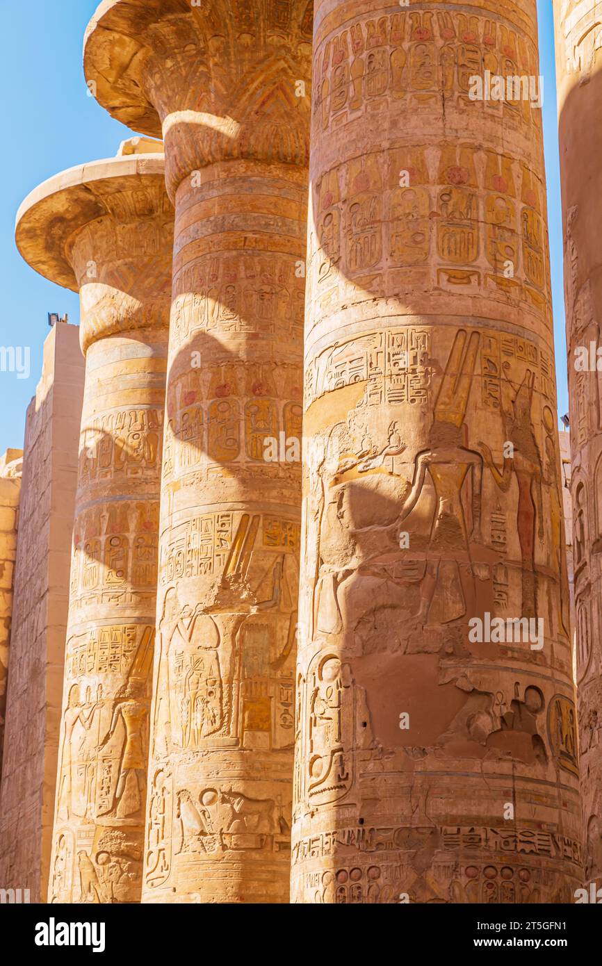 Ancient temple complex of Karnak. Hypostyle hall. Luxor, Egypt – October 21, 2023 Stock Photo
