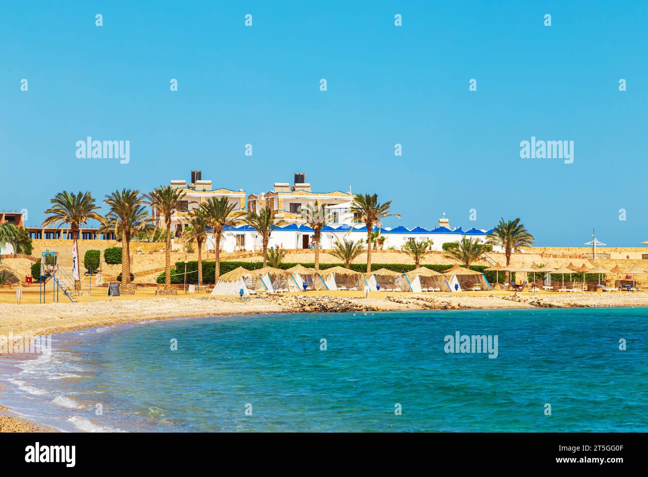 Sunny resort beach on the shores of the Red Sea. Safaga, Egypt - October 22, 2023. Stock Photo