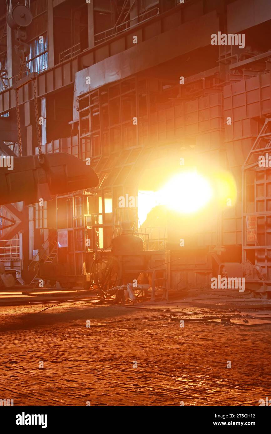 red hot molten steel in a iron and steel enterprise production scene ...