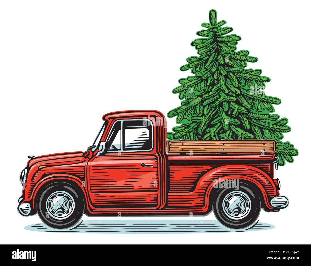 Christmas red retro pick-up truck with green pine tree. Happy holidays, vector illustration Stock Vector