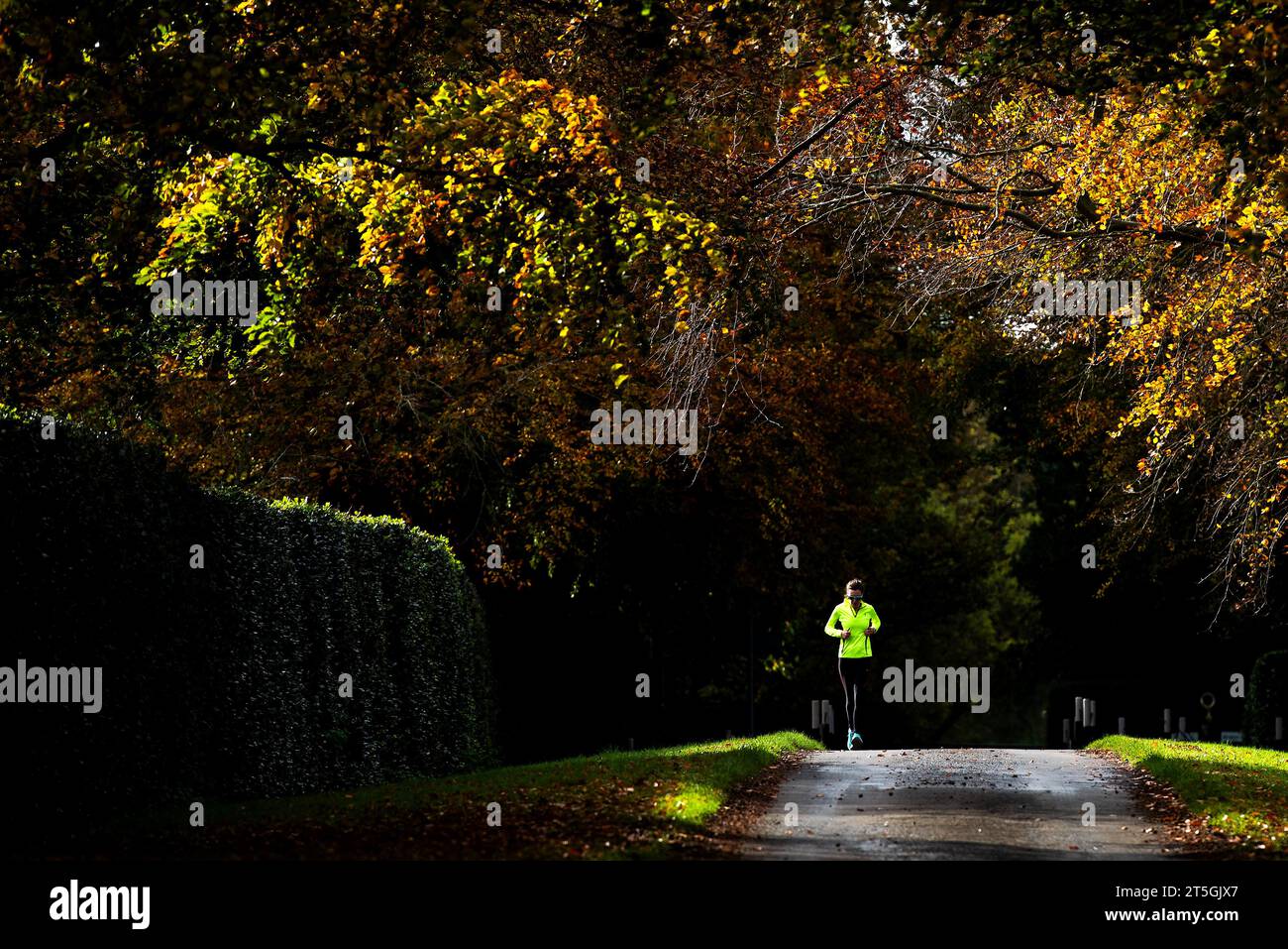 Whatton-in-the-Vale, Nottinghamshire, UK. 5th November 2023.  A jogger amongst the autumn colours in Whatton-in-the-Vale, Nottinghamshire. Neil Squires/Alamy Live News Stock Photo