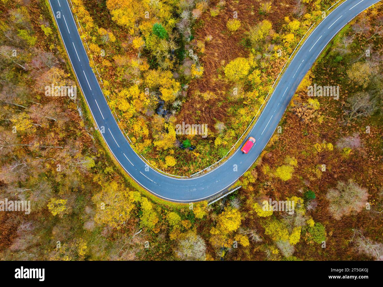 Aberfoyle, Stirling ,Scotland. Aerial view of bend in road on the Duke’s Pass in The Trossachs near Aberfoyle. Stock Photo
