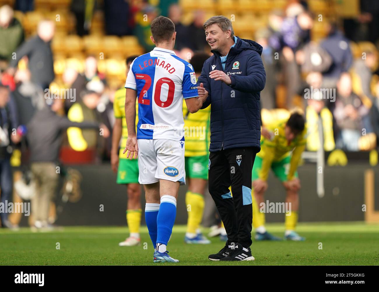 Blackburn Rovers manager Jon Dahl Tomasson shakes hands with player Blackburn Rovers' Harry Leonard (left) after the final whistle in the Sky Bet Championship match at Carrow Road, Norwich. Picture date: Sunday November 5, 2023. Stock Photo