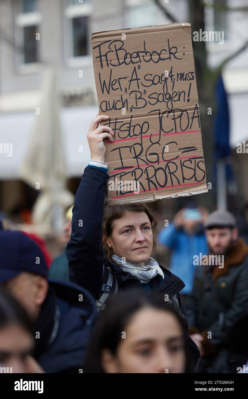 Berlin, Germany. 05th Nov, 2023. A banner with the inscription 'Mrs. Baerbock: Whoever says 'A' must also say 'B'! #stop JCPOA IRGC=Terrorists' is shown at a pro-Israeli demonstration on Wittenbergplatz with around three hundred participants. Credit: Joerg Carstensen/dpa/Alamy Live News Stock Photo