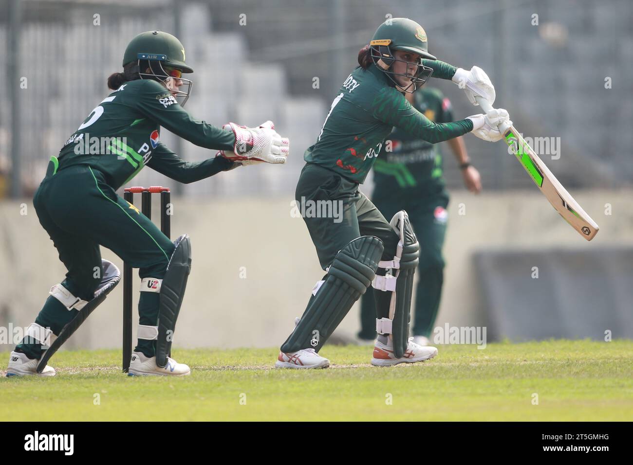 Bangladesh women cricket team Captain Nigar Sultana Joty bats against Pkistan during the first ODI match at the Sher-e-Bangla National Stadium in Mirp Stock Photo