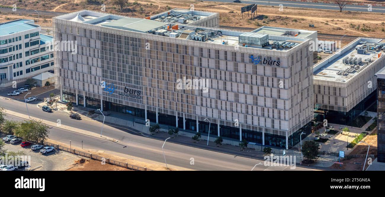 Botswana, Gaborone, 7.18.2019, editorial Botswana Revenue Service, BURS, building in CBD, central business district responsible to collect taxes, aeri Stock Photo
